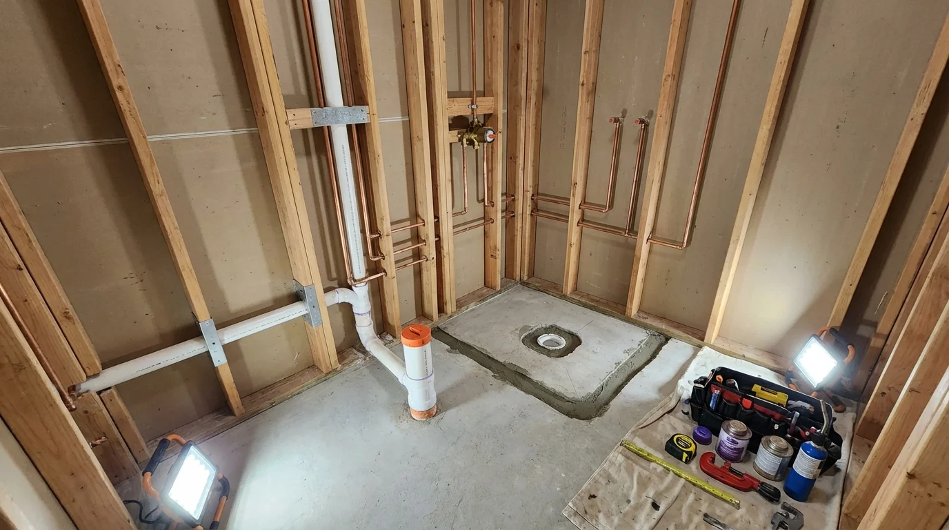 Bathroom rough-in plumbing during remodel by Johns Plumbing LLC in Southern Pines