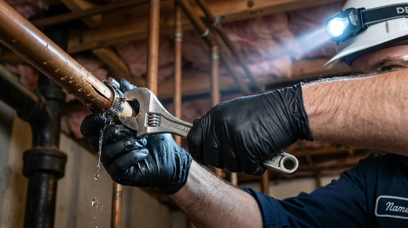 Emergency pipe clamp repair being performed by a Johns Plumbing LLC plumber in Southern Pines