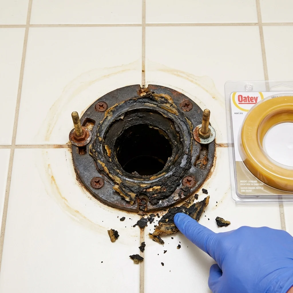 Failed wax ring showing water seepage at the base of a toilet in a Southern Pines, NC home
