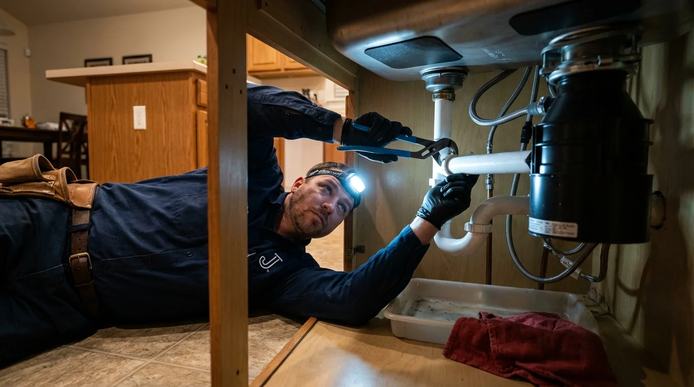 P-trap and supply line connections under a kitchen sink showing a common leak point in Southern Pines, NC